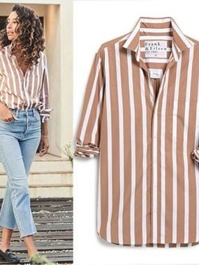 Frank & Eileen Joedy Wide Stripe Button-Up Top Camel - Size Medium